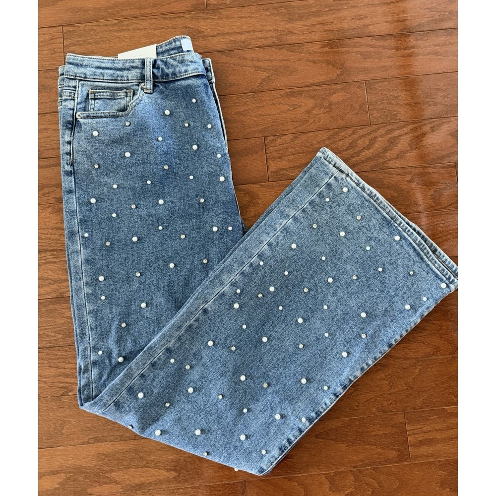 Mica Flare Jeans Women Size 32 Light Wash Pearl Rhinestone Embellished Western
